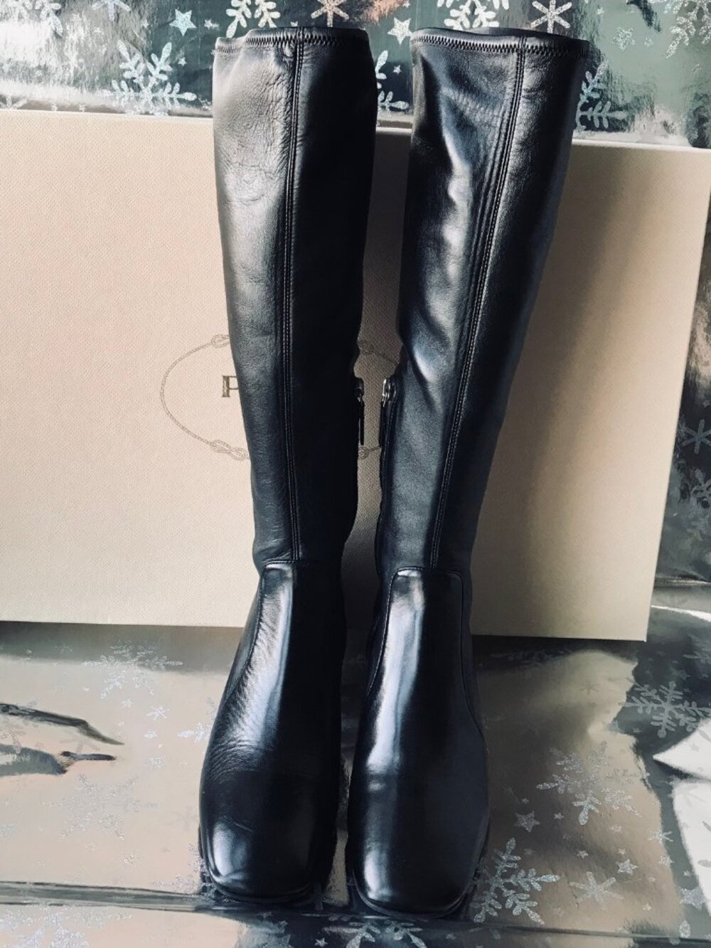 Prada  Women  heeled leather Boots Black   Size 38.5 Made in Italy  New w Box
